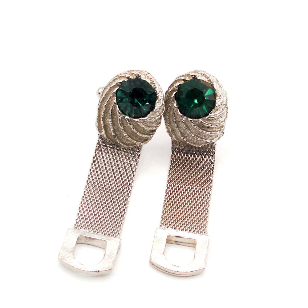 Vintage Emerald Green Crystal Rhinestone Silver Tone Mesh Wrap Around Cufflinks
